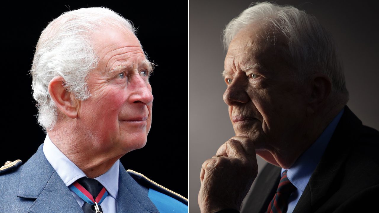 King Charles wears military uniform and stares into the distance and Jimmy Carter looks pensive