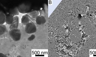 Magnetite (round particles) cut from a Ryugu sample.