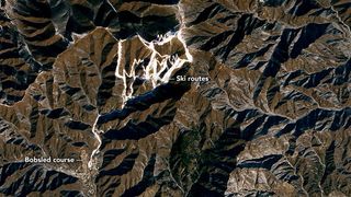 This image from the Landsat 8 satellite taken Jan. 29 shows the artificial snow being used for Alpine skiing and sliding sports at the Yanqing Olympic Zone northwest of Beijing.