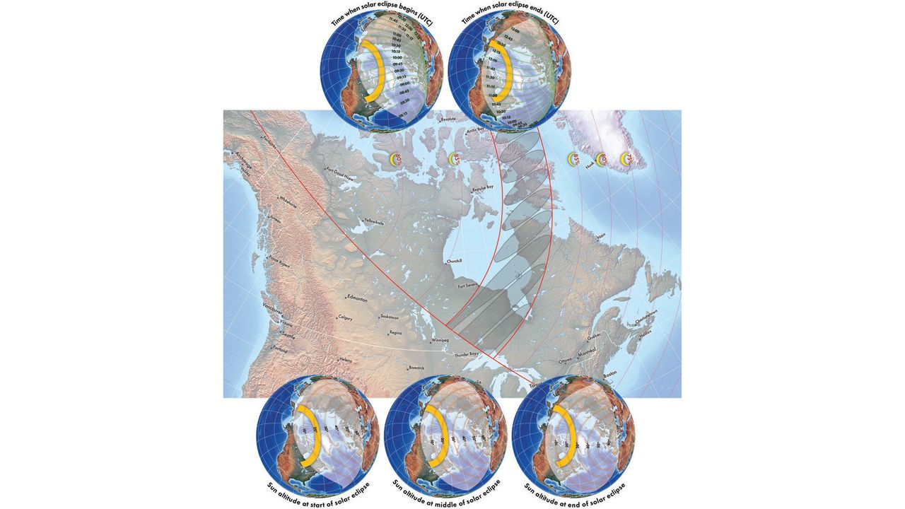 This map shows the percentage of the sun that will be visible during the eclipse.