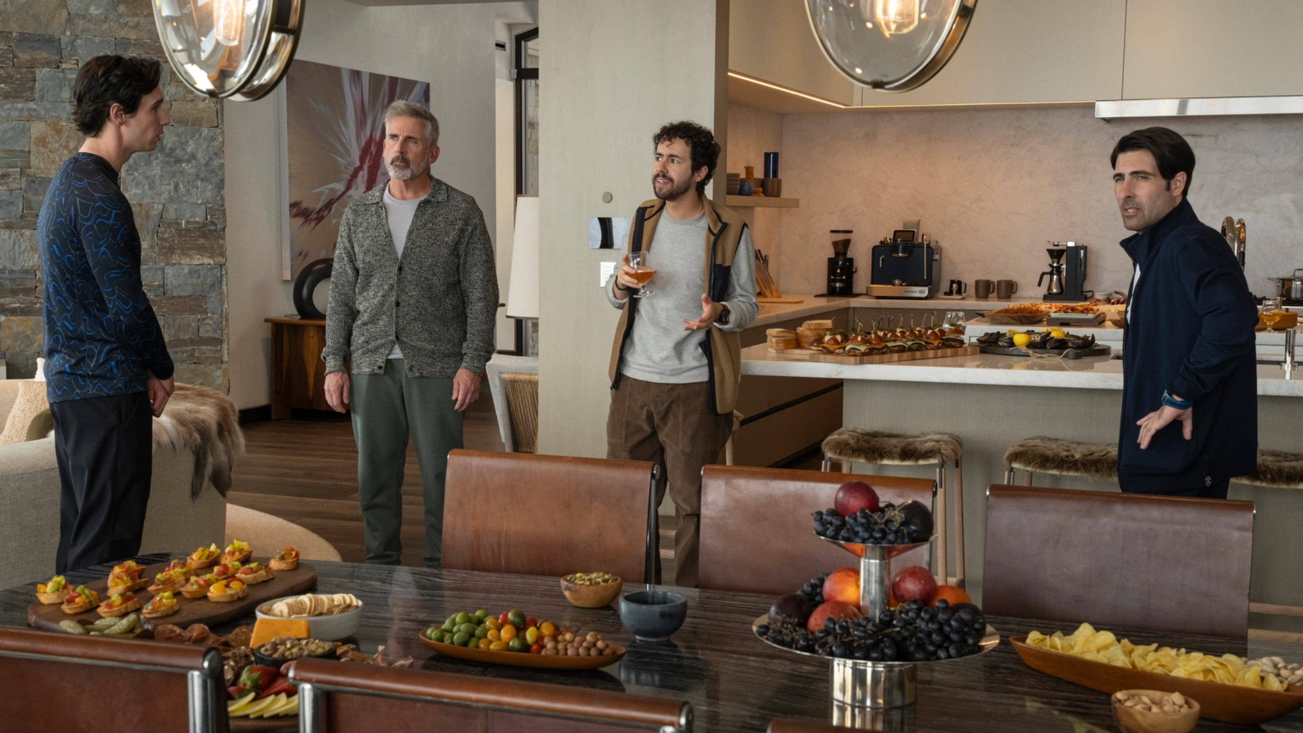 Cory Michael Smith as Venis, Steve Carell as Randall, Ramy Youssef as Jeff, and Jason Schwartzman as Hugo Van Yalk in Mountainhead.