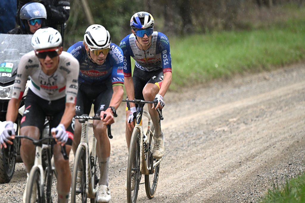 Isaac del Torro, Guilio Pellizzari and Mathieu van der Poel on stage 2 at Tirreno-Adriatico