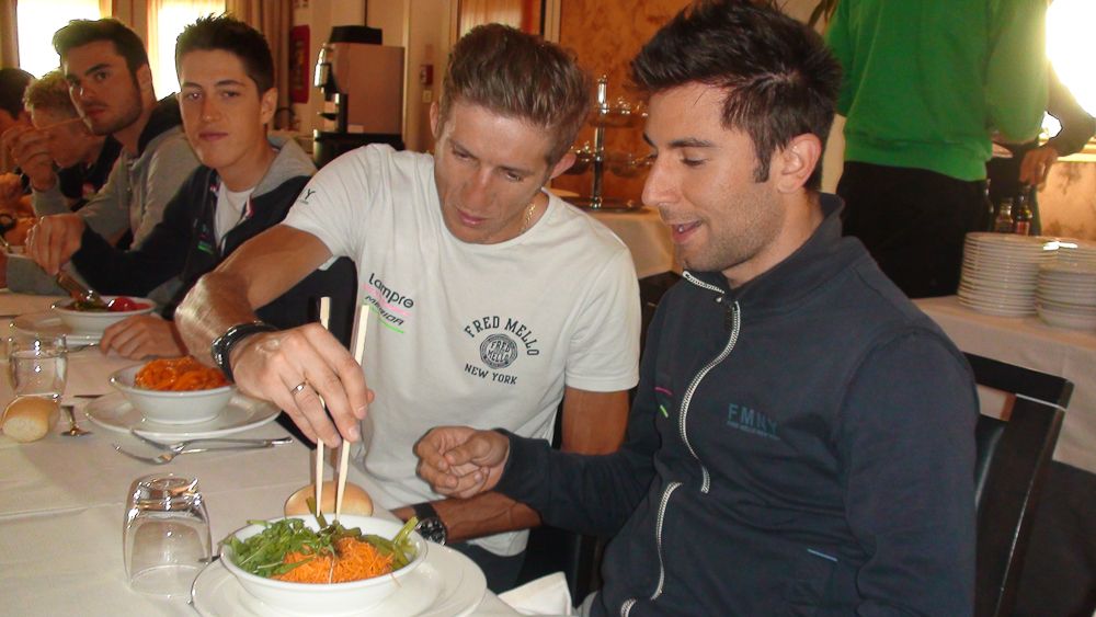 Przemyslaw Niemiec and Diego Ulissi at dinner during the Project TJ Sport team camp