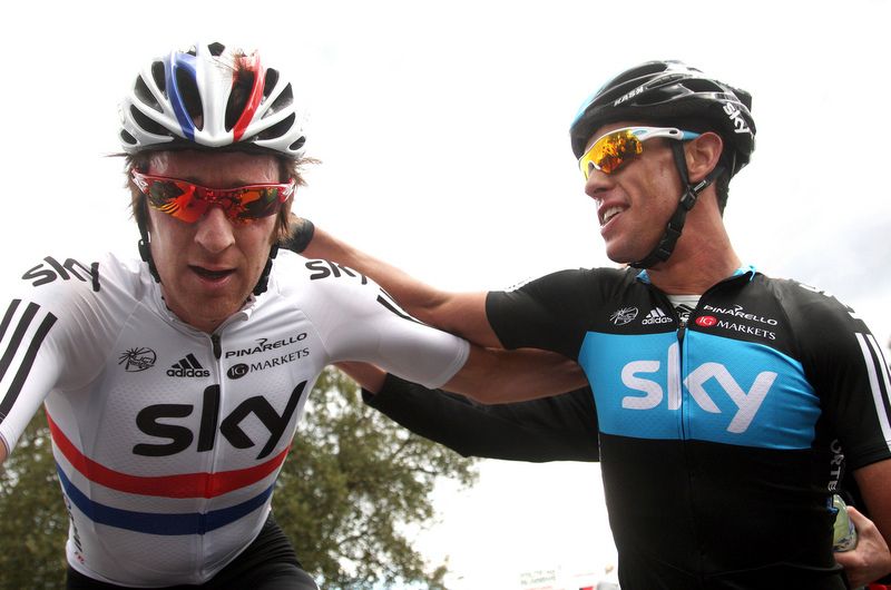 Bradley Wiggins with Richie Porte at the Volta ao Algarve after Porte won the stage