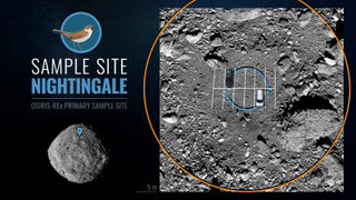 at right is a circle of a gray dusty area on an asteroid, showing a ruler and a car for scale. at left are the words "sample site nightingale" and an image of asteroid bennu