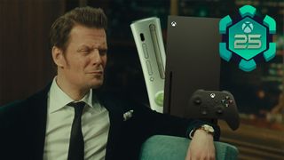 Remedy Entertainment's Sam Lake as seen in the Alan Wake 2 video game cutscene, edited with an XBOX 360 and XBOX Series X console, alongside an XBOX 25 badge