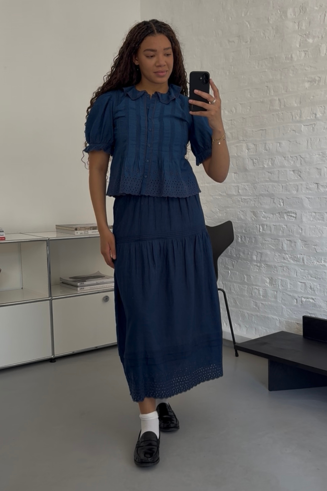 Imani in Gap X Doen navy skirt and poplin top
