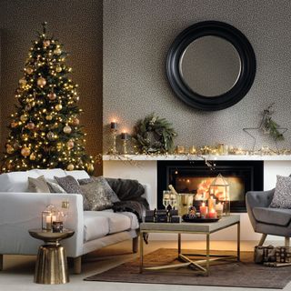 Living room decorated with Christmas tree and festive decorations