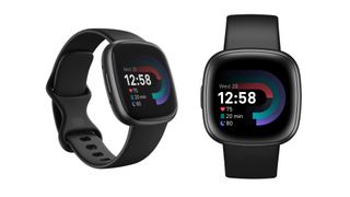 Fitbit Versa 4 from two different angles, sideways on and front facing