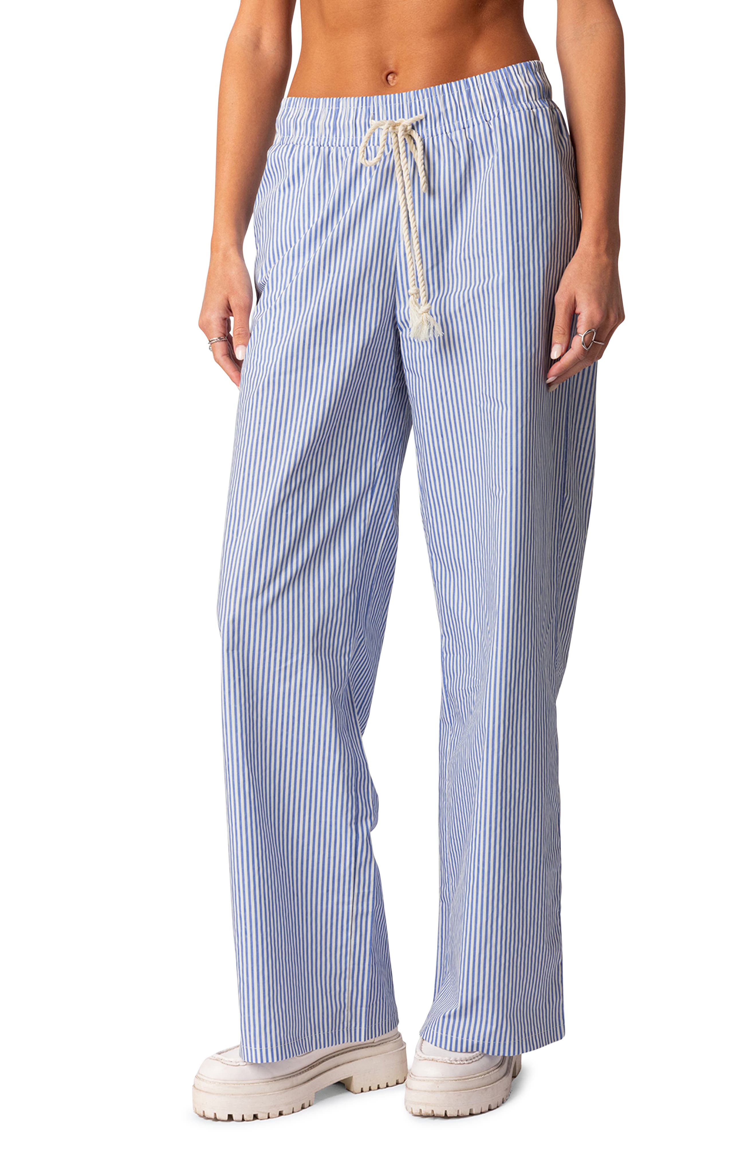 Stripe Wide Leg Drawstring Cotton Pants
