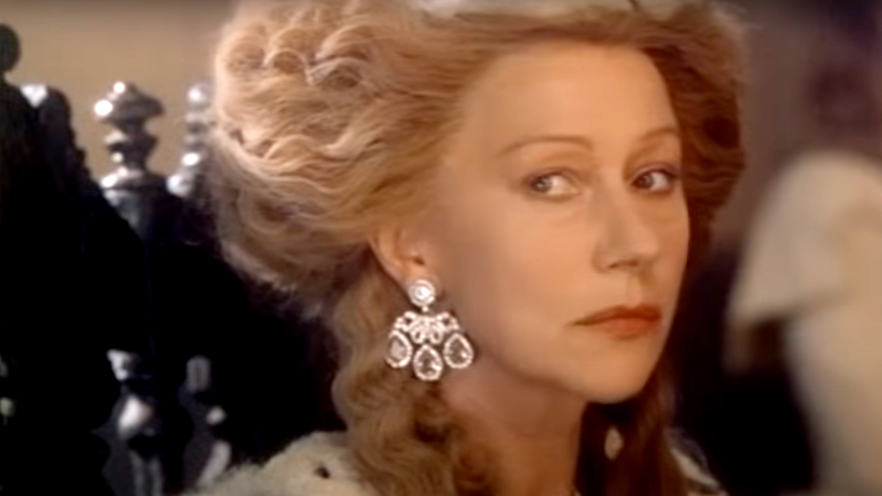 Helen Mirren looking to the side with concern in The Madness of King George.