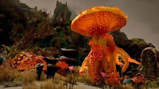 Avowed screenshot showing verdant lands and magical orange mushroom creatures