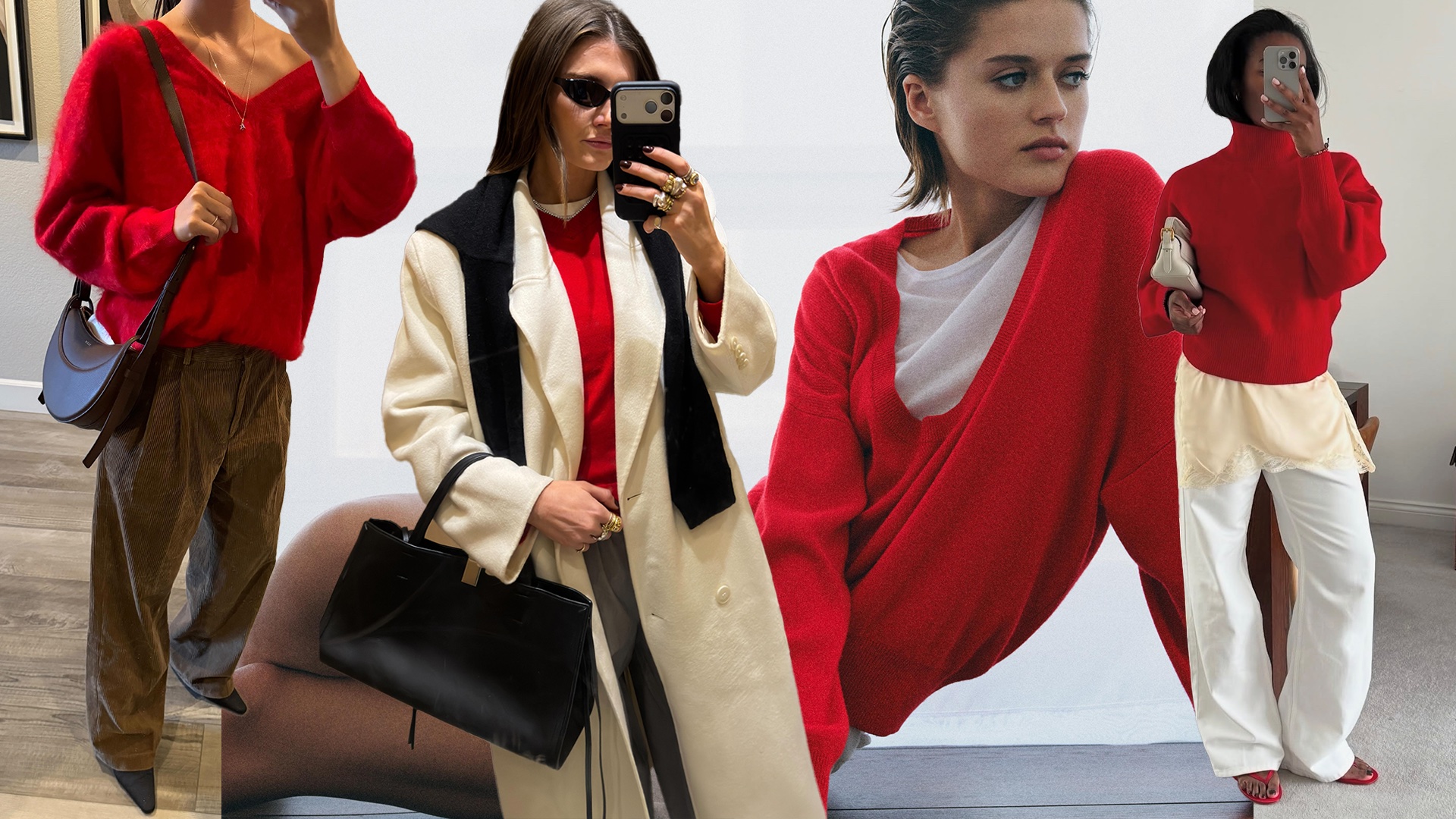 fashion collage featuring three style influencers like Mimi Nguyen, Coco Schiffer, and Marilyn Nwawulor-Kazemaks, plus a Zara model shot wearing trending red sweaters for 2026