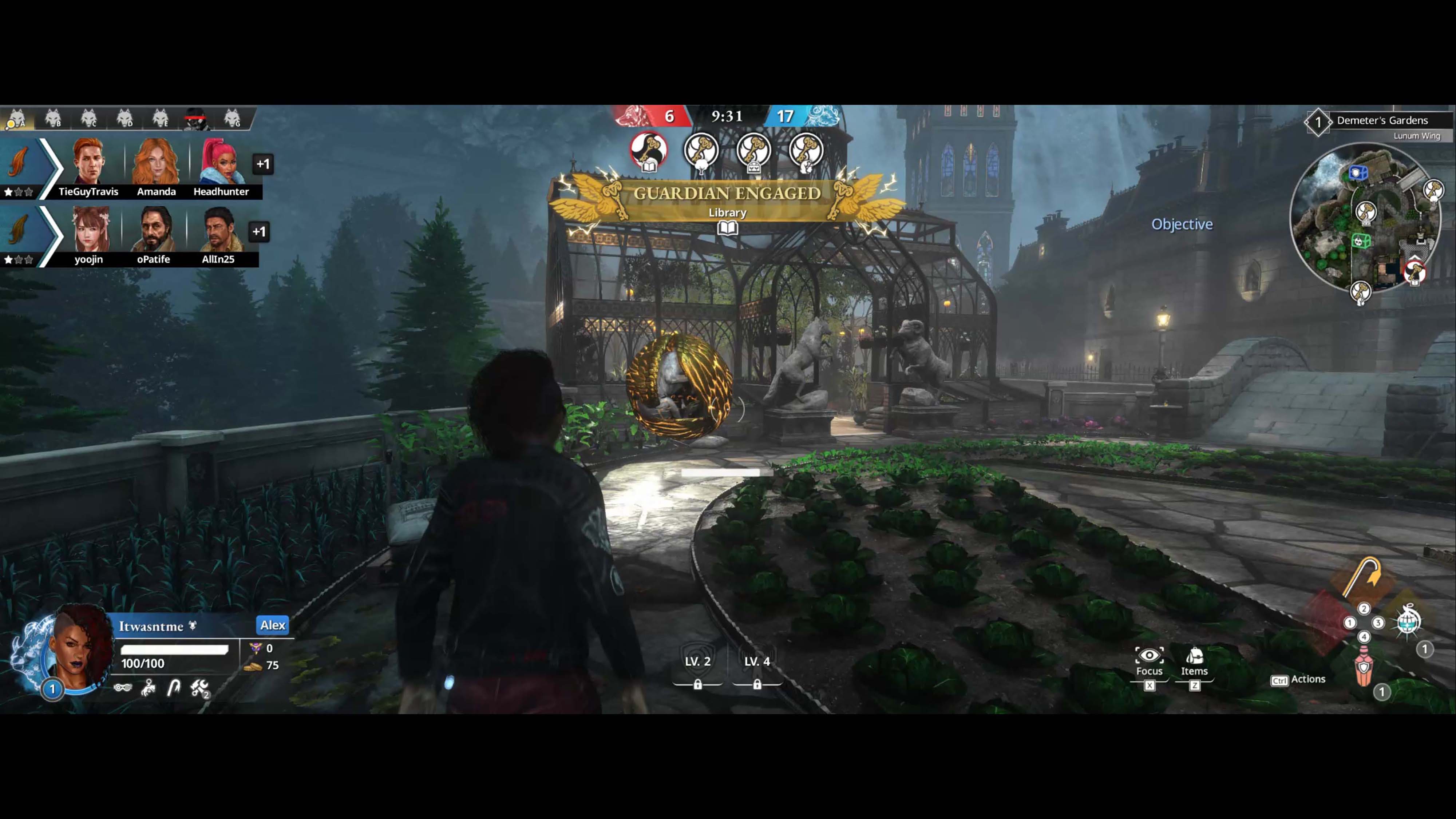 A screenshot from Killer Inn depicting golden orb guardian floating around the garden outside.