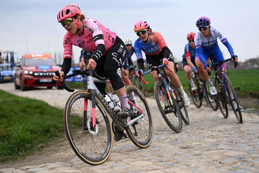 ROUBAIX FRANCE APRIL 08 Alison Jackson of Canada and Team EF EducationTibcoSvb competes during the 3rd ParisRoubaix Femmes 2023 a 1454km one day race from Denain to Roubaix UCIWWT on April 08 2023 in Roubaix France Photo by Tim de WaeleGetty Images