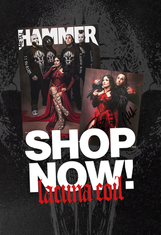 Lacuna Coil on the cover of Metal Hammer issue 397, next to an art card