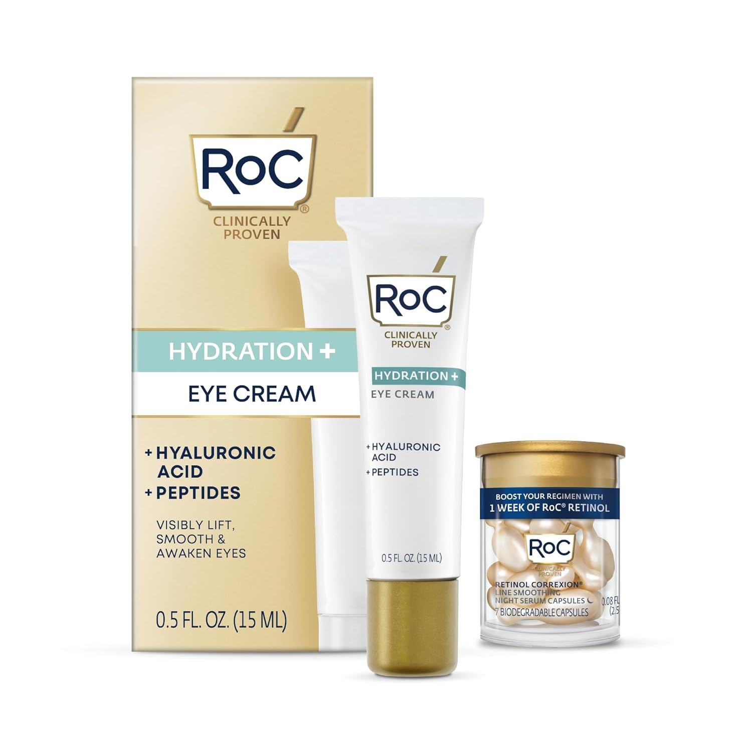 Roc Multi Correxion Hyaluronic Acid Anti Aging Under Eye Cream for Puffiness &amp;amp; Dark Circles (.5 Oz) + Roc Retinol Capsules (7 Ct), Skin Care Routine, Fragrance &amp;amp; Paraben Free for Women and Men