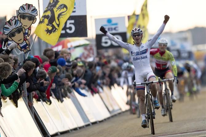 Lars van der Haar (Rabobank Development Team) celebrates victory at round five of the 'cross World Cup in Heusden-Zolder, Belgium