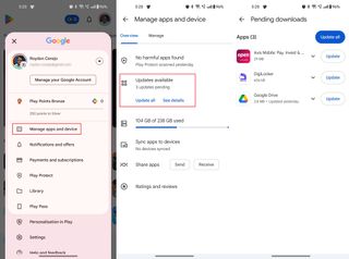 Screenshots showing how to update apps from Google Play Store