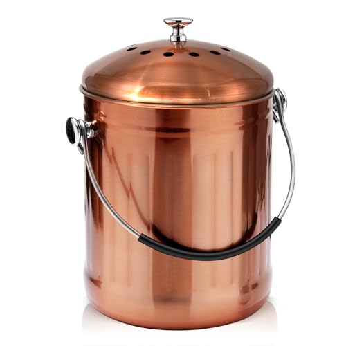 Enloy Compost Bin for Kitchen Countertop, 1.3 Gallon Matte Copper Stainless Steel Compost Bucket With Lid, Odorless Food Waste Bucket With 2 Charcoal Filters, Indoor Compost Pail With Soft-Grip Handle