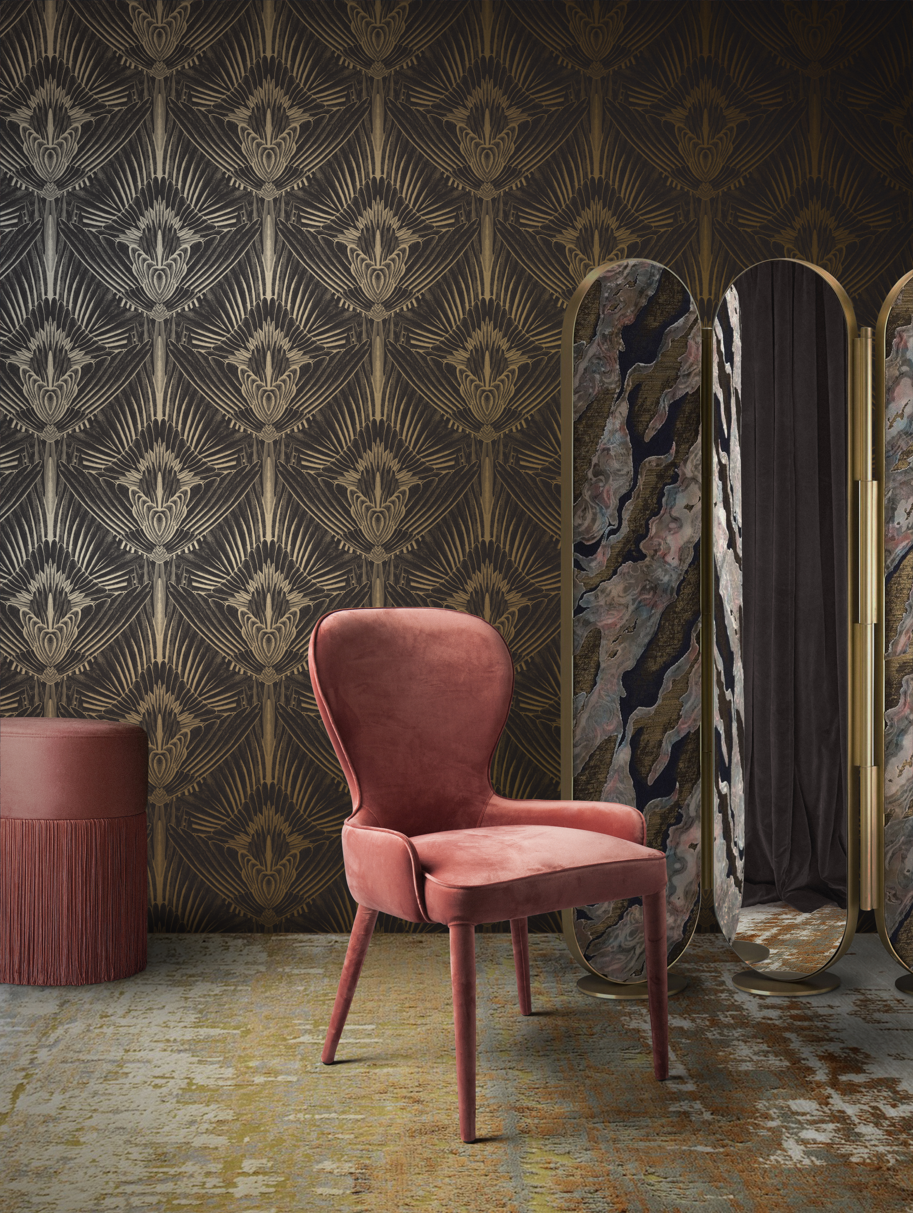 a dressing room with art deco style furniture