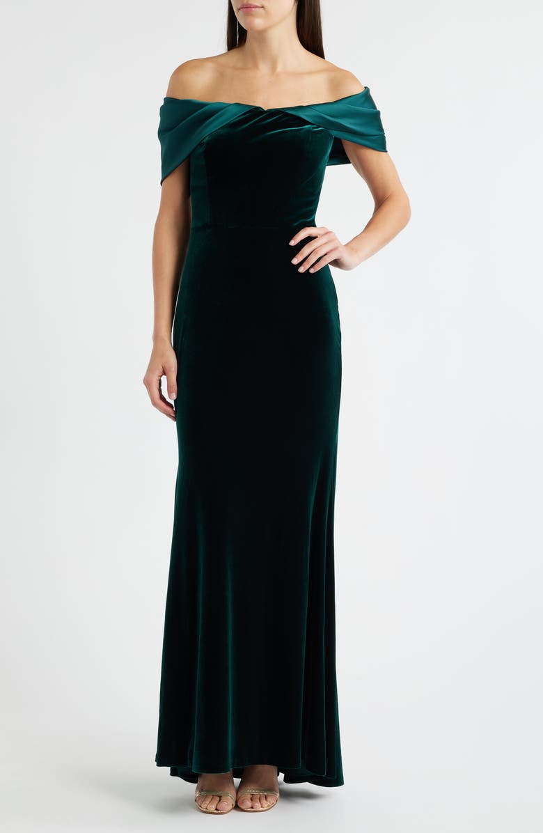 Off the Shoulder Satin &amp;amp; Velvet Mermaid Gown