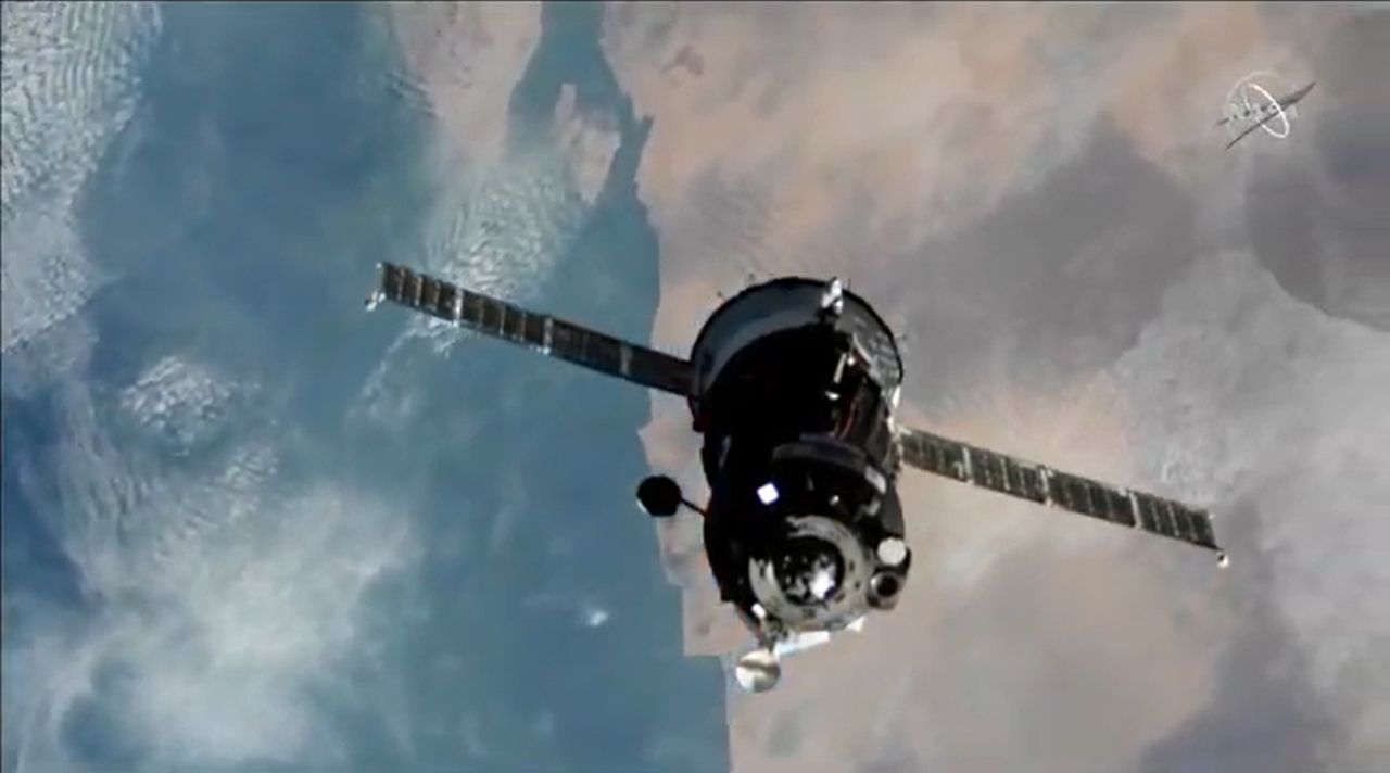 The Soyuz MS-17 spacecraft carrying NASA astronaut Kate Rubins and Russian cosmonauts Sergey Ryzhikov and Sergey Kud-Sverchkov is seen as it approaches the International Space Station during a 3-hour flight on Oct. 14, 2020.
