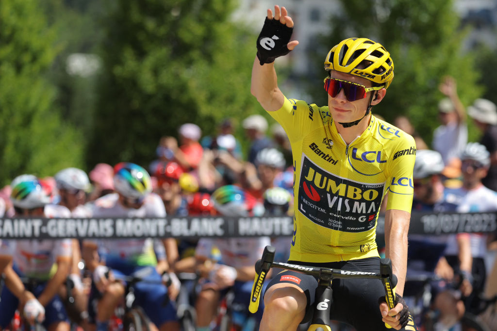 Jumbo-Visma's Danish rider Jonas Vingegaard wearing the overall leader's yellow jersey awaits the start of the 17th stage of the 110th edition of the Tour de France cycling race, 166 km between Saint-Gervais Mont-Blanc and Courchevel, in the French Alps, on July 19, 2023. (Photo by Thomas SAMSON / AFP)