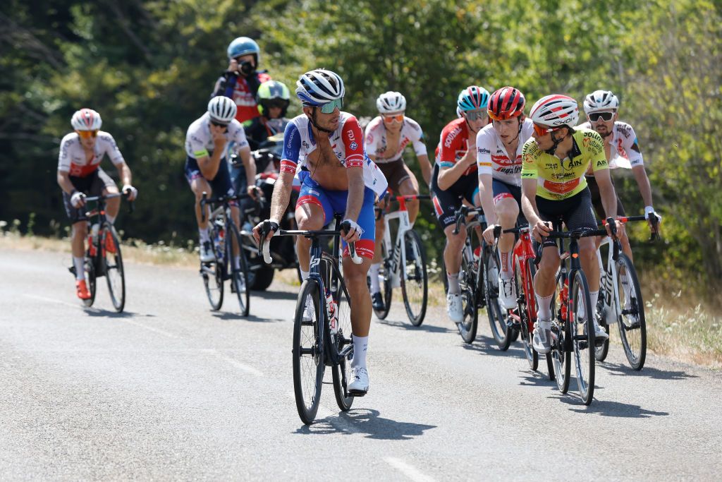 LLEX FRANCE AUGUST 11 LR Sbastien Reichenbach of Switzerland and Team Groupama FDJ and Guillaume Martin of France and Team Cofidis Yellow Leader Jersey attack in the final climb during the 34th Tour de lAin 2022 Stage 3 a 131km stage from Plateau dHauteville to Llex 904m TDA22 on August 11 2022 in Llex France Photo by Bas CzerwinskiGetty Images
