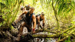 Mike Singletary, Metta World Peace, Colton Underwood and Jodie Sweetin crawling in mud