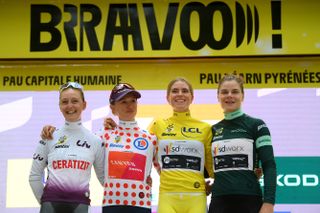 Jersey winners from the 2023 Tour de France: Cedrine Kerbaol, Kasia Niewiadoma, Demi Vollering and Lotte Kopecky (L-R)