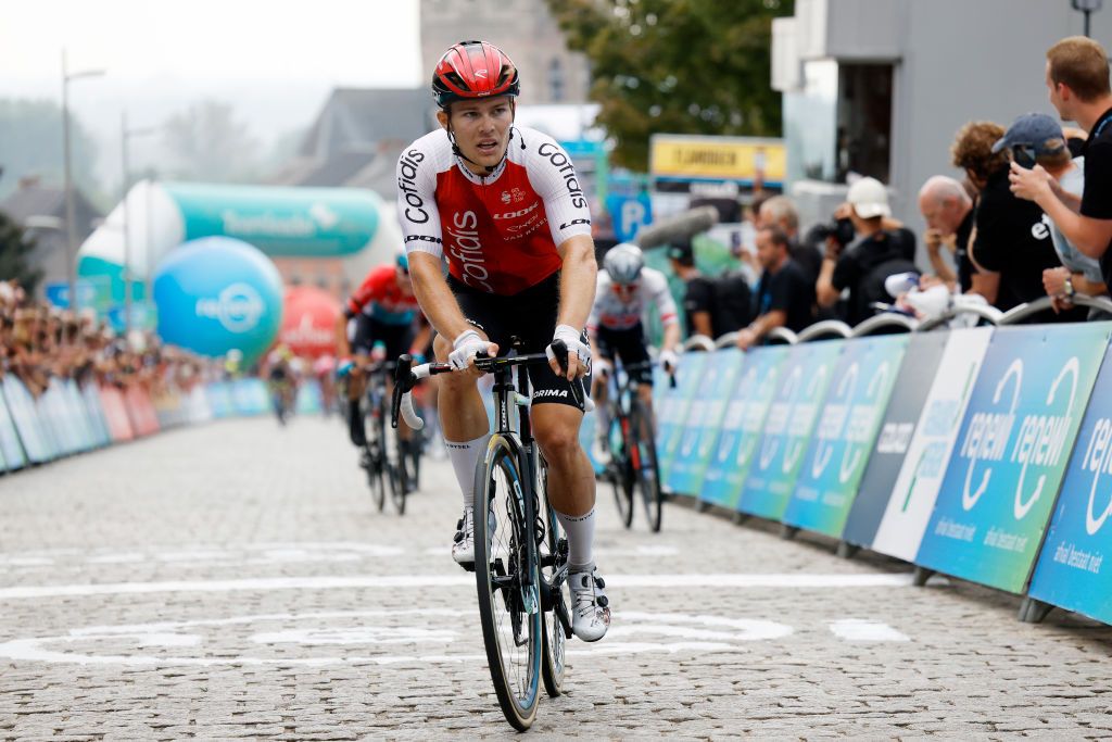 GERAARDSBERGEN BELGIUM AUGUST 25 Axel Zingle of France and Team Cofidis crosses the finish line during the 19th Renewi Tour 2023 Stage 3 a 1712km stage from Aalter to Geraardsbergen UCIWT on August 25 2023 in Geraardsbergen Belgium Photo by Bas CzerwinskiGetty Images
