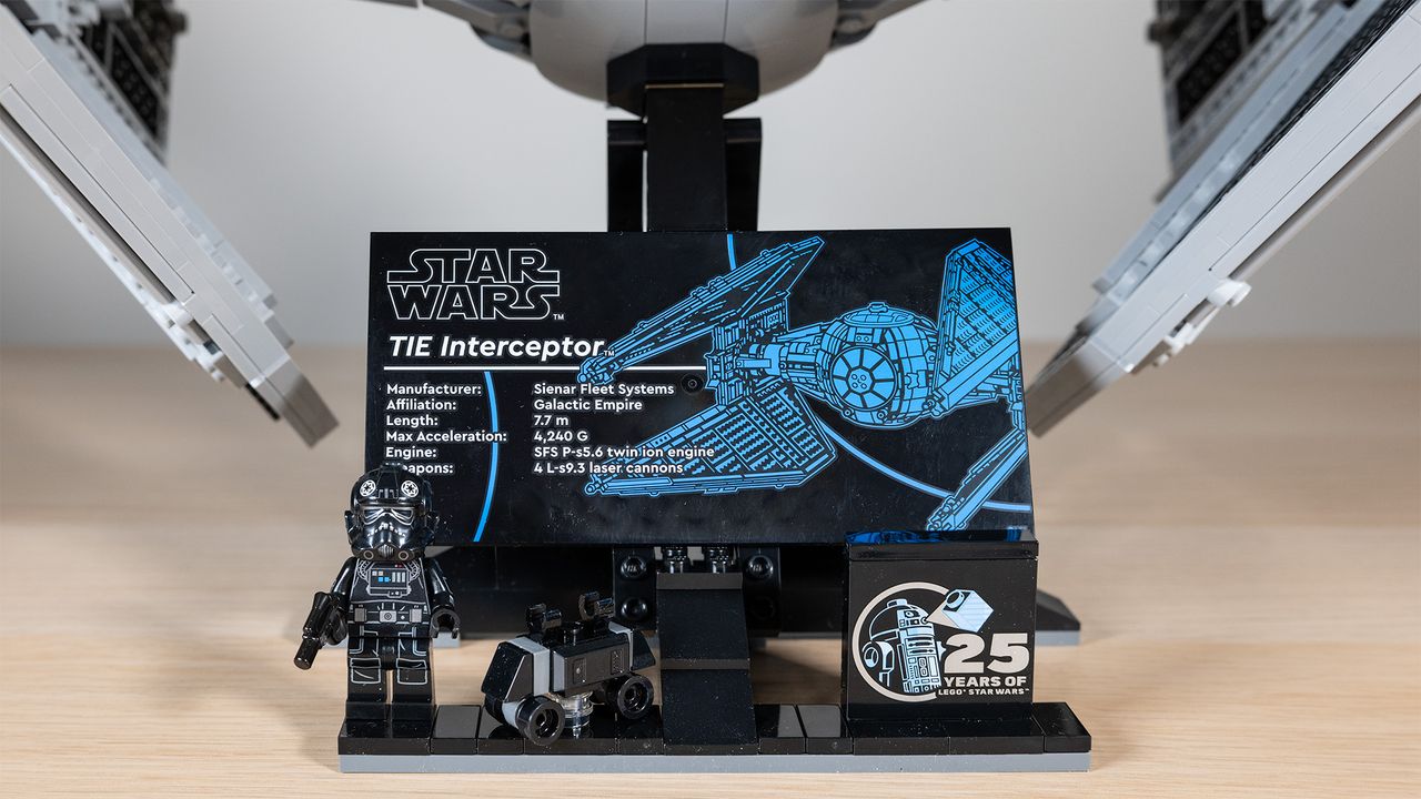 Lego TIE Interceptor close-up of stand and printed UCS plaque