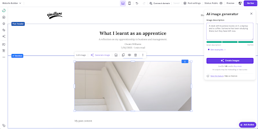 screenshot of Hostinger website builder being used to create a personal website