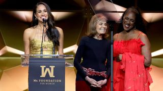 Meghan, The Duchess of Sussex speaks onstage with Gloria Steinem and Teresa Younger during the Ms. Foundation Women of Vision Awards
