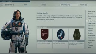 Starfield character creator, background options menu. The 'Combat Medic' Background has been chosen, alongside its associated three skills