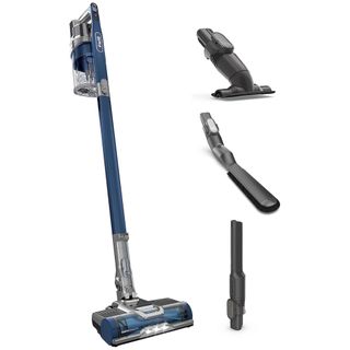 A grey and blue cordless vacuum cleaner with three different black attachments