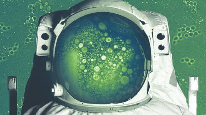 Photo collage of a space suit with a Petri dish instead of a visor. In the background, instead of space or stars, there is a photo of bacteria seen under a microscope.