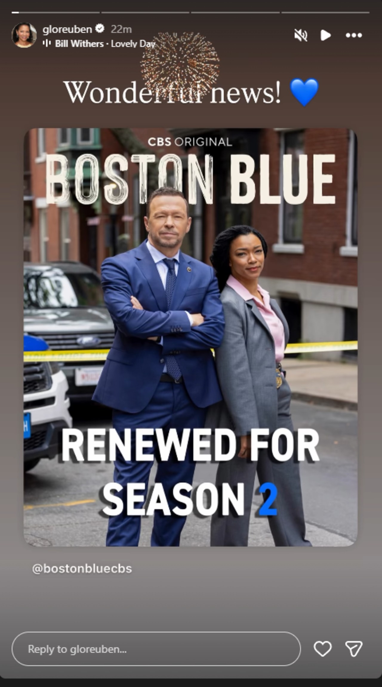 Gloria Reuben wrote &quot;Wonderful News!&quot; on her Instagram story in reaction to Boston Blue getting renewed for Season 2.