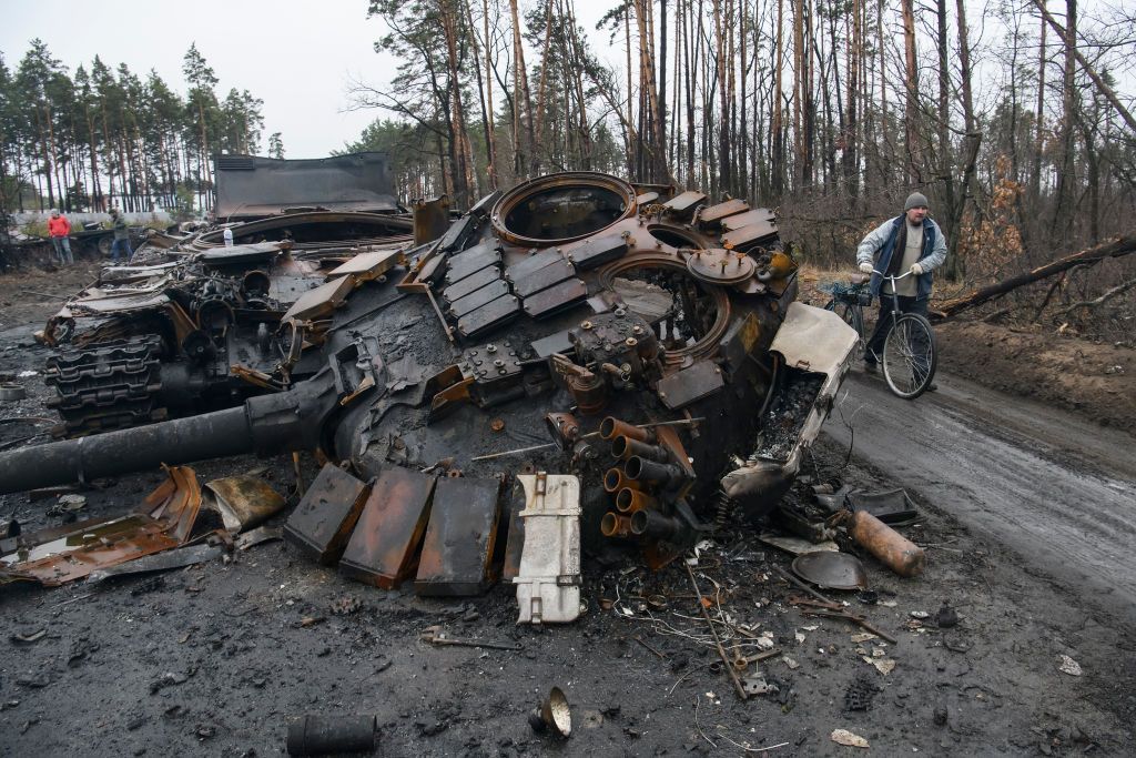 Destroyed Russian tank in village near Kyiv