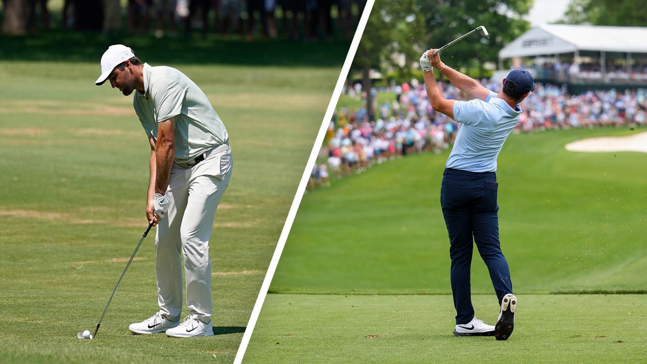 Scottie Scheffler and Rory McIlroy hitting golf shots on the golf course