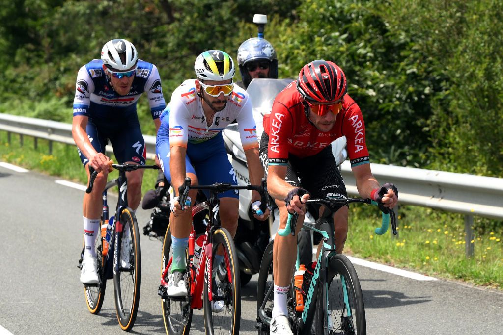 LIMOGES FRANCE JULY 08 LR Tim Declercq of Belgium and Team Soudal Quick Step Anthony Turgis of France and Team TotalEnergies and Anthony Delaplace of France and Team ArkaSamsic compete in the breakaway during the stage eight of the 110th Tour de France 2023 a 2007km stage from Libourne to Limoges UCIWT on July 08 2023 in Limoges France Photo by David RamosGetty Images