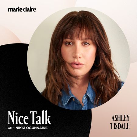 a headshot of ashley tisdale with brown hair and bangs in a blue denim shirt with a frame for the nice talk podcast