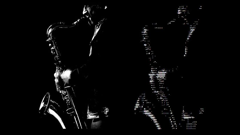 A photo of a saxophonist and a conversion to ASCII art