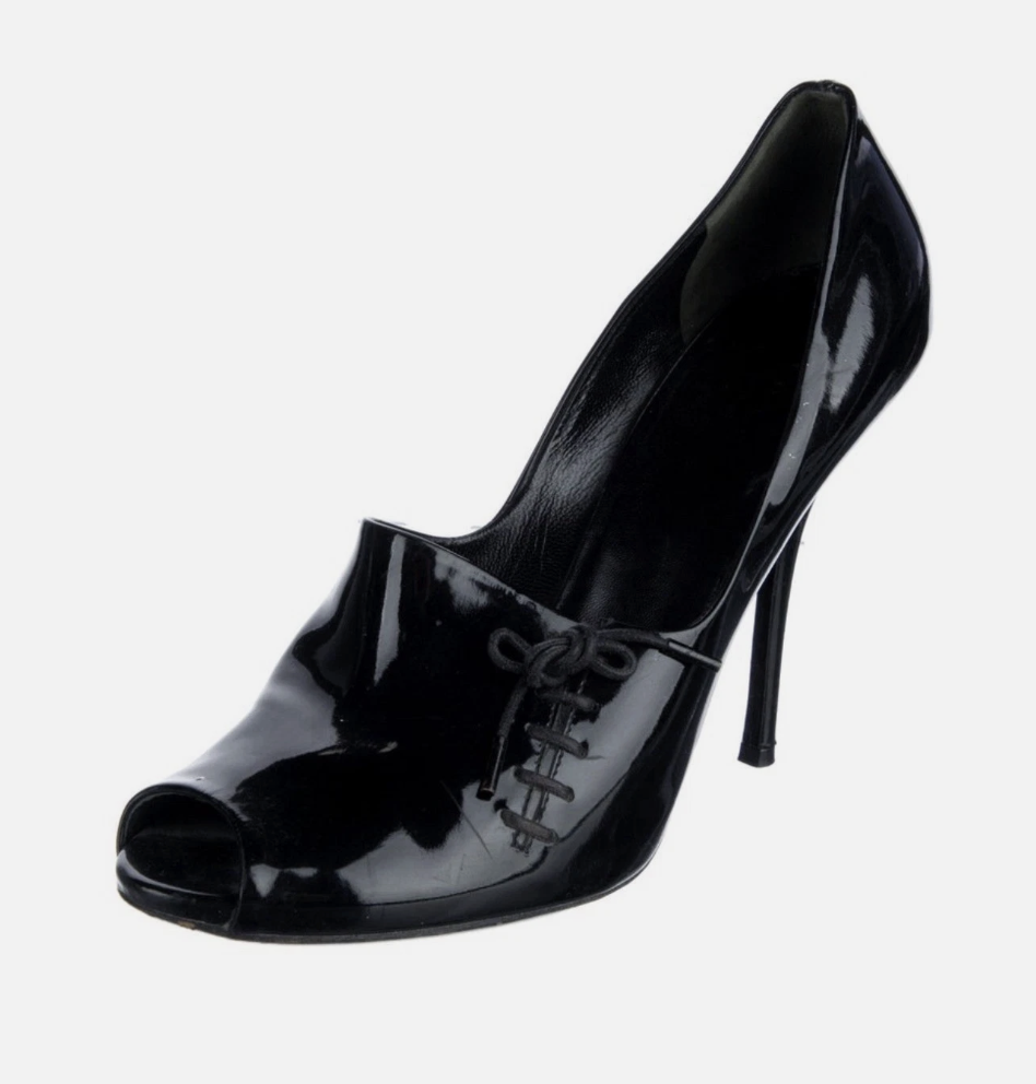Gucci, Black Patent Leather "Amour Lace" Peep Toe Heels