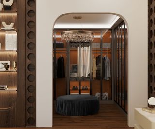 luxury walk in closet with glass cabinets and walnut finishes