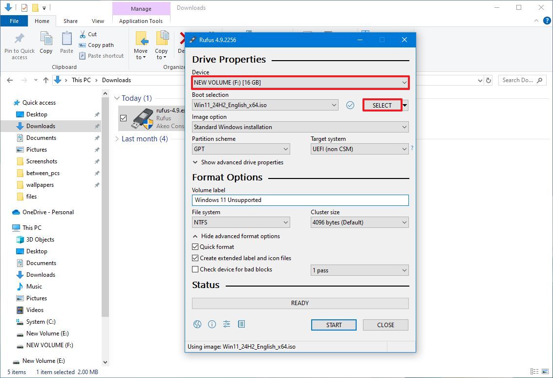 Rufus select the WIndows 11 ISO file