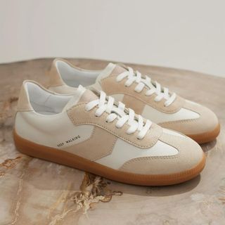 Beige suede lace up trainers with slogan 