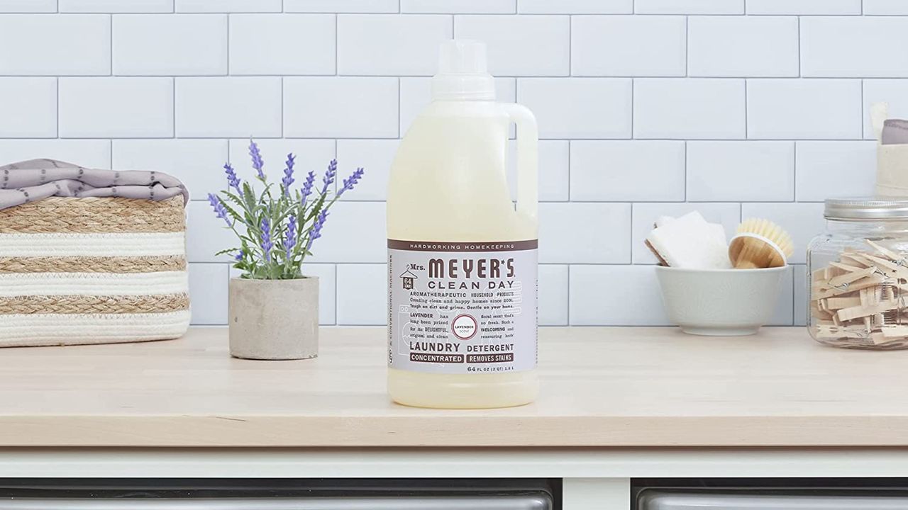 Mrs Meyer&#039;s Clean Day eco laundry detergent on kitchen countertop