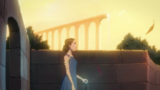 A character walking into the sunlight, with an aqueduct in the background, in Harmony: The Fall of Reverie.